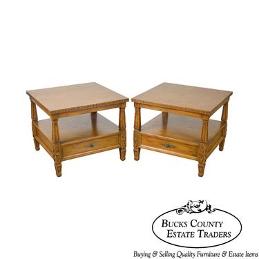 Romweber Viking Oak Pair of Carved Square 2 Tier 1 Drawer Side Tables 