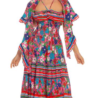 1970S Diane Freis Pink  Blue Cotton Stripe Floral Smocked Dress With Matching Shawl Wooden Beads 