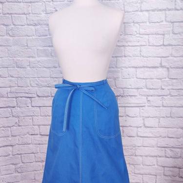 Vintage 70s Blue Wrap Skirt // Tie Front with Pockets A-Line 