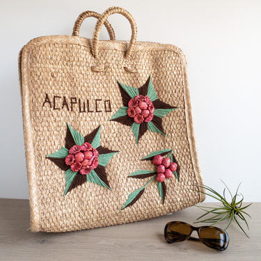 Vintage Mexican Straw and Raffia Tote Bag | Acapulco Woven Beach Bag with Pink Flowers | Large Summer Bag with Short Handles 