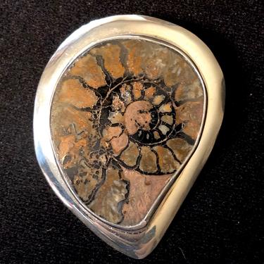 Sterling Silver and Ammonite Fossil Pendant for Necklace Southwestern Style Signed Mathews 2.5”L x 2”W 