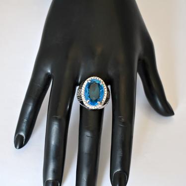 90's blue crystal clear rhinestones geometric bling statement, big fabulous faux topaz &amp; diamonds silver plated metal size 9.5 cocktail ring 