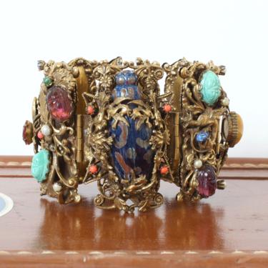 vintage 1930s ornate Art Deco panel bracelet • brass & Czech glass Neiger Bros scarab menagerie bracelet • oversized statement piece 