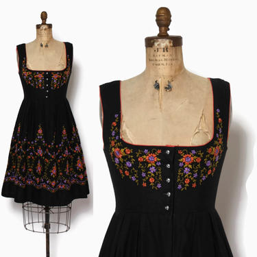 Vintage 60s DIRNDL DRESS / 1960s Austrian Tyrol Black Embroidered Cotton Dress 