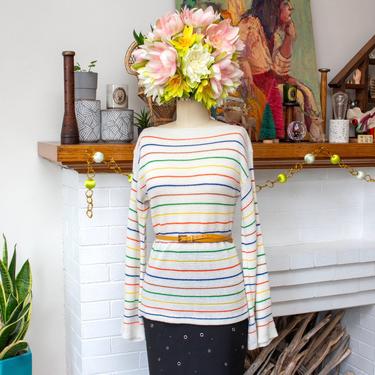 Vintage 1970s Rainbow Stripe Sweater - Boat Neck Colorful Bell Sleeve Long Knit Top - S 