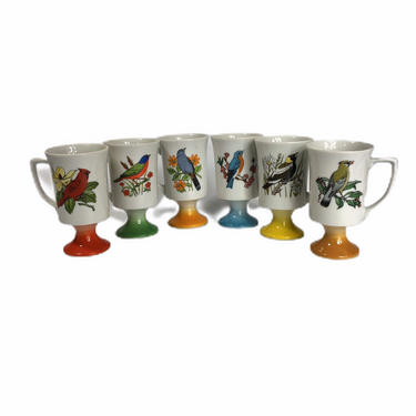 Vintage Japanese Porcelain Song Bird Pedestal Mugs Cups, Set of 6 