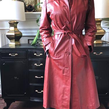 Vintage 1970s Red Leather Belted Trench Coat 
