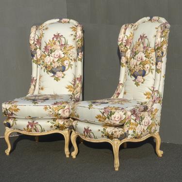 Vintage Pair of Designer French Country Floral High Back Wingback Chairs 
