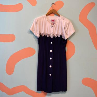 Vintage 90s Irresistible Navy and White Lace Baroque Short Sleeve Button Front Dress 