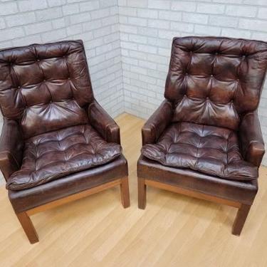 Vintage Chesterfield Style Tufted Armchairs in a Distressed Burgundy Leather - Pair