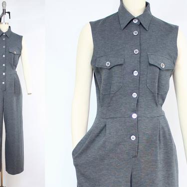 Vintage 90's Gray Minimalist Sleeveless Jumpsuit / 1990's Soft Rayon Button Front Jumpsuit with Pockets / Women's Size Medium - Large by Ru