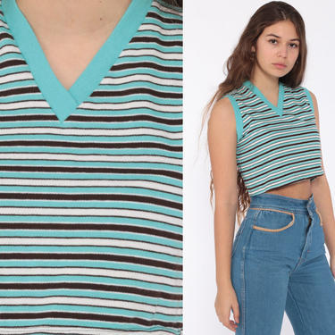 70s Tank Top Striped Crop Top Ringer Tee V Neck Shirt Retro Sleeveless Bohemian 1970s Vintage Summer Blue White Extra Small xs 