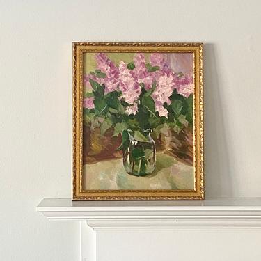 Vintage Oil Painting Floral Still Life Vase Lilac Flower Bunch 