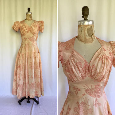 Vintage 30s evening dress | Vintage blush pink flocked floral taffeta evening  gown | 1930s long pink floral taffeta party dress 