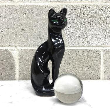 Vintage Statue Retro 1960s Mid Century Modern + Artmark + Black Cat with Green Eyes + Feline + Glazed Ceramic + Pottery +  MCM + Home Decor 