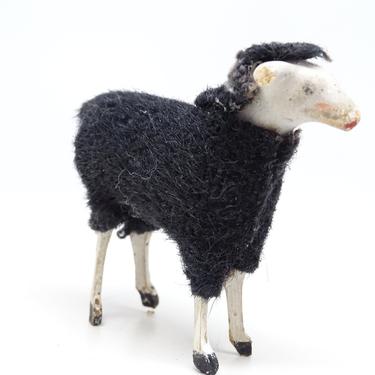 Antique 1930's German Wooly Black Sheep, Vintage Toy Lamb for Putz or Christmas Nativity Creche 