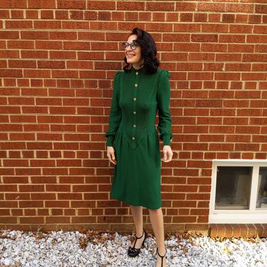 Vintage 1970's/ 1980's Emerald Green Knit Sweater Dress with Gold Buttons 
