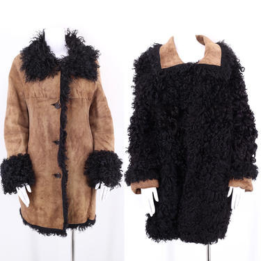 vintage shearling fur suede reversible coat sz L / vintage 70s 80s black shaggy curly lamb jacket size 12 