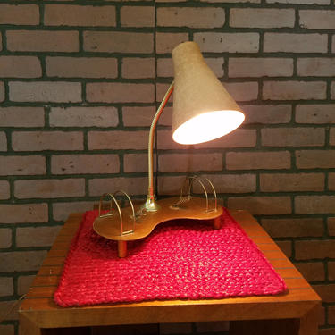 MCM Mid Century Modern Gold with Fiberglass Shade Gooseneck Lamp with Organizer Tray 