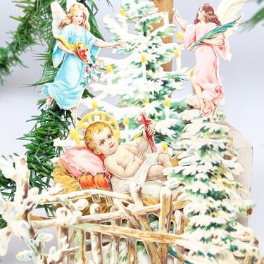 Early 1900's German Baby Jesus Die Cut  Christmas Tree Scrap Ornament, with Angels, Gloria in Excelsis Deo 