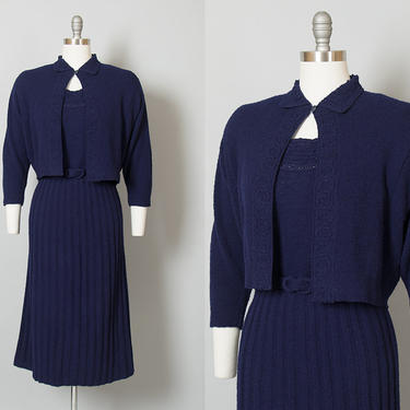 Vintage 1950s Knit Dress Set | 50s Navy Blue Wool Chenille Sweater Dress Cardigan Two Piece Set (medium/large) 