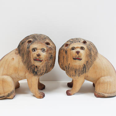 Vintage Carved Lion Sculptures Pair Naive 