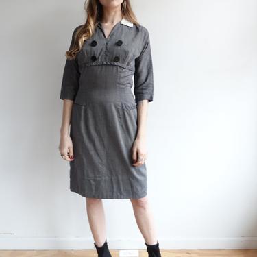 Vintage 50s Grey Wiggle Dress/ 1950s Long Waisted Dress with White Collar and Buttons/ Size Medium 