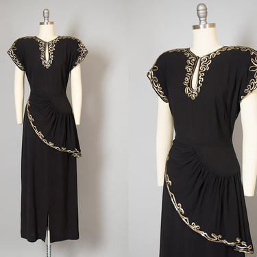 Vintage 1940s Dress | 40s Black Rayon Crepe Evening Gown Gold Soutache Sequin Peplum Formal Party Dress (small/medium) 