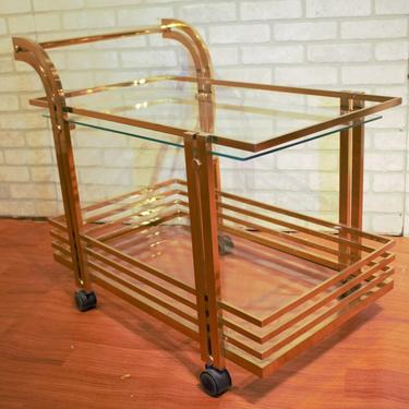 Vintage Italian Deco 2 Tier Brass and Glass Bar Cart on Wheels