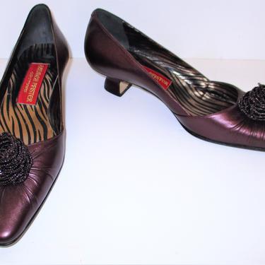 Vintage 80s Andrea Pfister Couture Pumps, Size 6 1/2 Women, Metallic Plum Leather, beaded decorative wire 