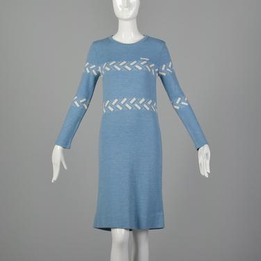 XS Courreges Blue Sweater Dress 1970s Wool Blend Knit Sweater  Long Sleeve Dress Geometric Pattern Long Sleeve Dress 