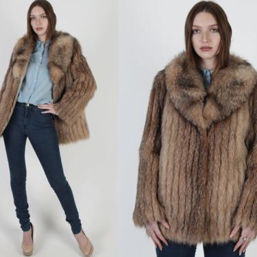 SAGA Crystal Brown Fox Fur Coat / Chevron Design Fox Fur Jacket / 80s Real Womens Arctic Natural Plush Winter Ski Jacket 