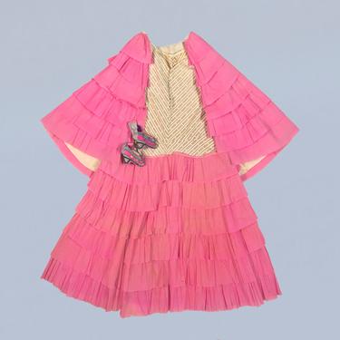 RARE Antique Halloween Dress / 1920s Crepe Paper Costume Dress and Capelet! / PINK Paper and Printed Cotton 