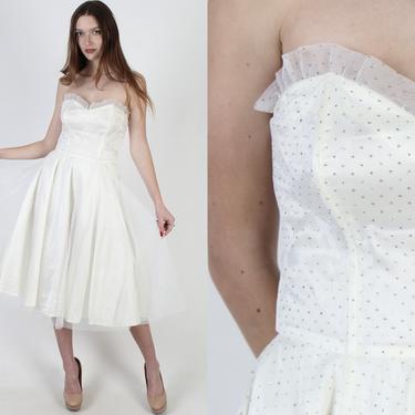 Gunne Sax White Wedding Dress / Jessica McClintock Full Skirt Prom Dress / Swiss Polka Dot Bridal Dress / 70s Tulle Party Strapless Gown 