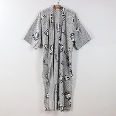 Vintage Cotton Kimono / Black & White Character Print Jacket / Authentic LOTUS Chinese Kimono / One Size 