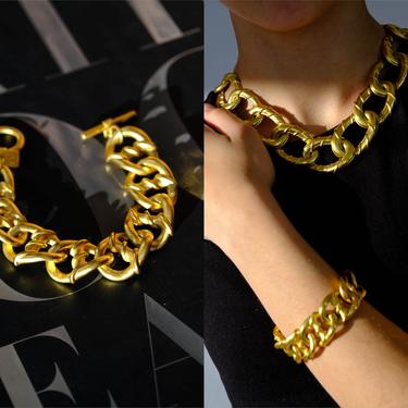 Vintage 80s Anne Klein Signed Gold Chunky Chainlink Bracelet | Statement Piece, Donna Karan Era | 1980s Designer Layering Costume Jewelry 