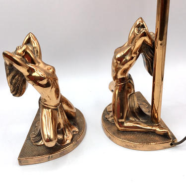 Rare 1920s Art Deco Copper Nude Bookends and Lamp with Blown Art Glass Shade, Antique Figural Boudoir Lamp 