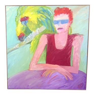 1980s Signed Suzanne Peters &amp;quot;Parrot Woman&amp;quot; Oil on Canvas Expressionist Portrait Painting 