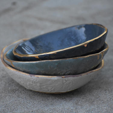Gold rim ceramic bowls, Pottery prep bowls, Dipping bowl set 