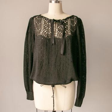 1970s Sweater Top Black Knit Semi-Sheer M 