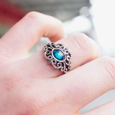 Vintage Ornate Sterling Silver Ring With Iridescent Stone, Hammered Silver Ring With Blue Glass Stone, Textured Silver Ring, Size 9 1/4 US 