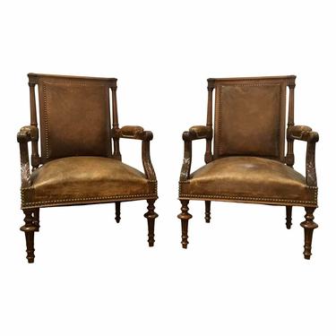 Antique Carved Wood Brown Leather Arm Chairs - a Pair