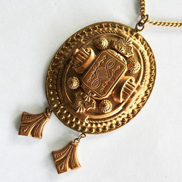 1930s Victorian Revival Large Brass Pendant on Chain 