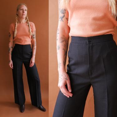 Vintage 70s Black Woven Trousers/ 1970s High Waisted Wide Leg Pants/ Size 26 Small 