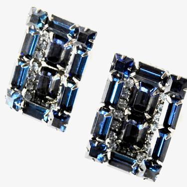 Weiss Large Modernist Rectangular Earrings with Rectangular Cobalt Rhinestones 
