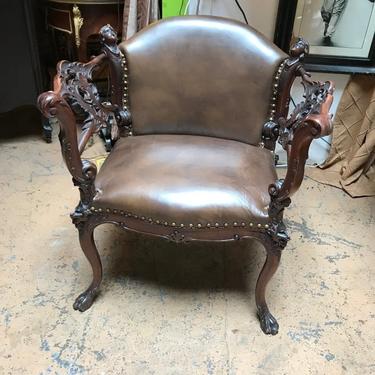 Vintage Hand Carved Wood Leather Armchair with Flared Out Arms