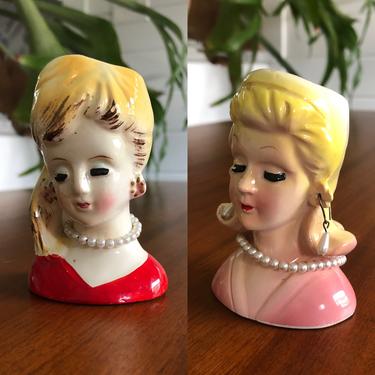 1950s vintage Ladies Head mini vase figurine with pearl necklace earrings 