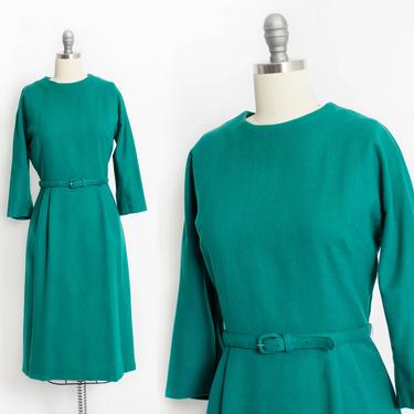 Vintage 60s Dress Emerald Green Wool Fitted 1960s Medium M 