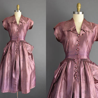 vintage 1950s dress - Size Large - Silk satin stripe print short sleeve full skirt cocktail party dress - 50s dress 