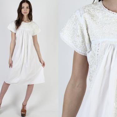 Vintage White Oaxacan Dress / Cut Out Crochet Embroidery / Womens Cotton Mexican Hand Embroidered Coverup Midi Mini 